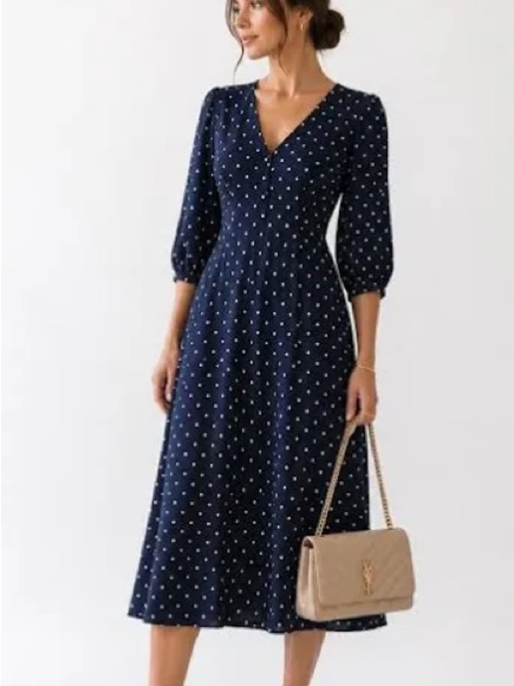 Express x LadyGang Navy Polka Dot V-Neck Midi Dress